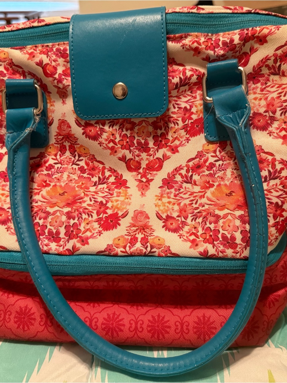 Turquoise Handle Floral Tote Bag - Women's lunch Bag